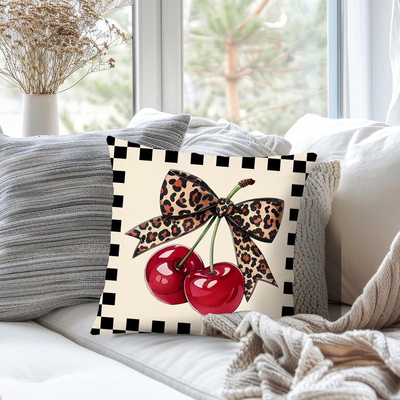 Nipil Trendy Coquette Leopard Print Bow Cherry Pillow Covers 18x18 Double-Sided, Cheetah Leopard Print Room Decor, Funky Y2K Retro Checkered Throw Pillow Covers for Girls Room Dorm Apartment - Image 3